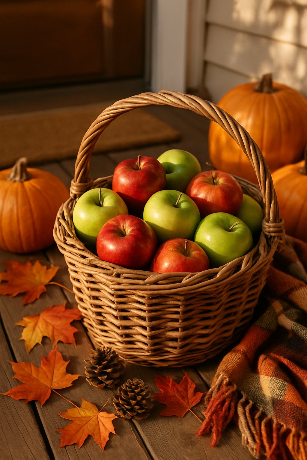 A basket of red and green apples on a wooden front porch surrounded by autumn decorations.