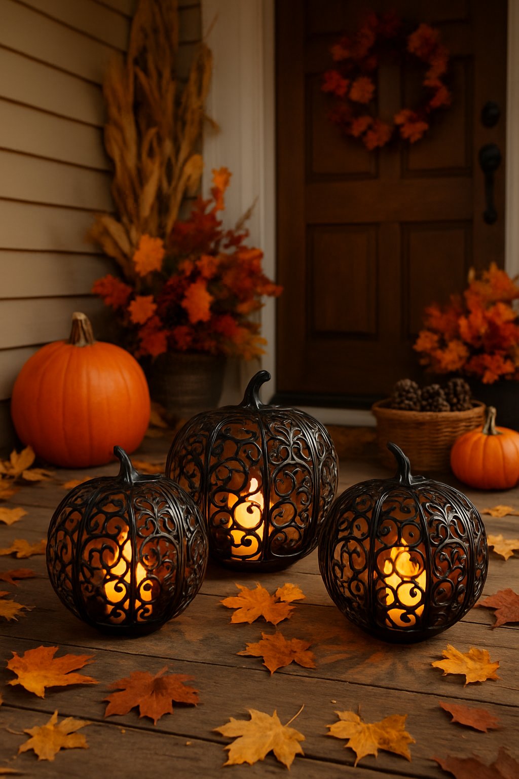 A fall front porch decorated with black metal pumpkin candle holders glowing with candlelight, surrounded by pumpkins, autumn leaves, and seasonal decor.