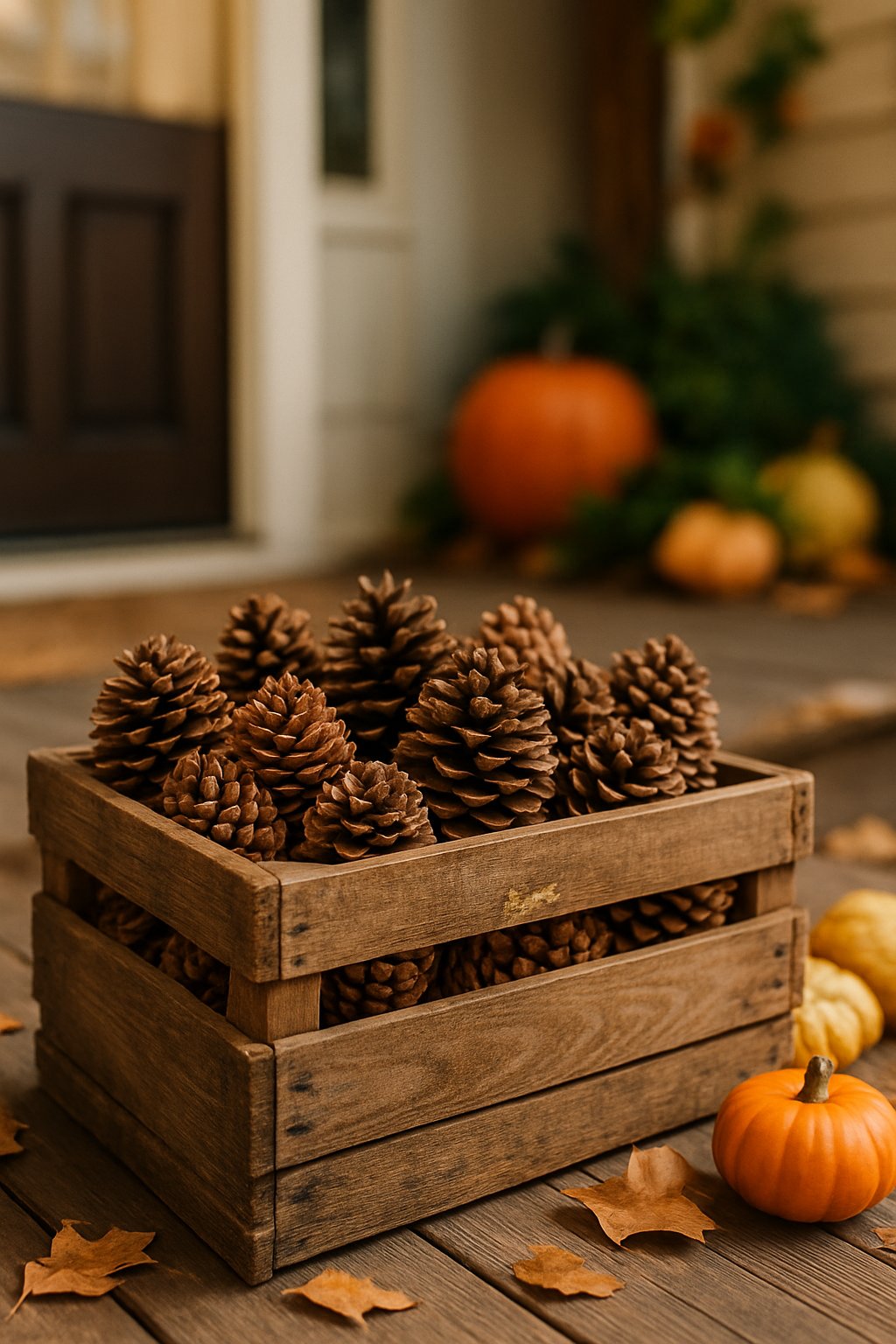 A wooden crate filled with pinecones on a front porch surrounded by autumn leaves and small pumpkins.
