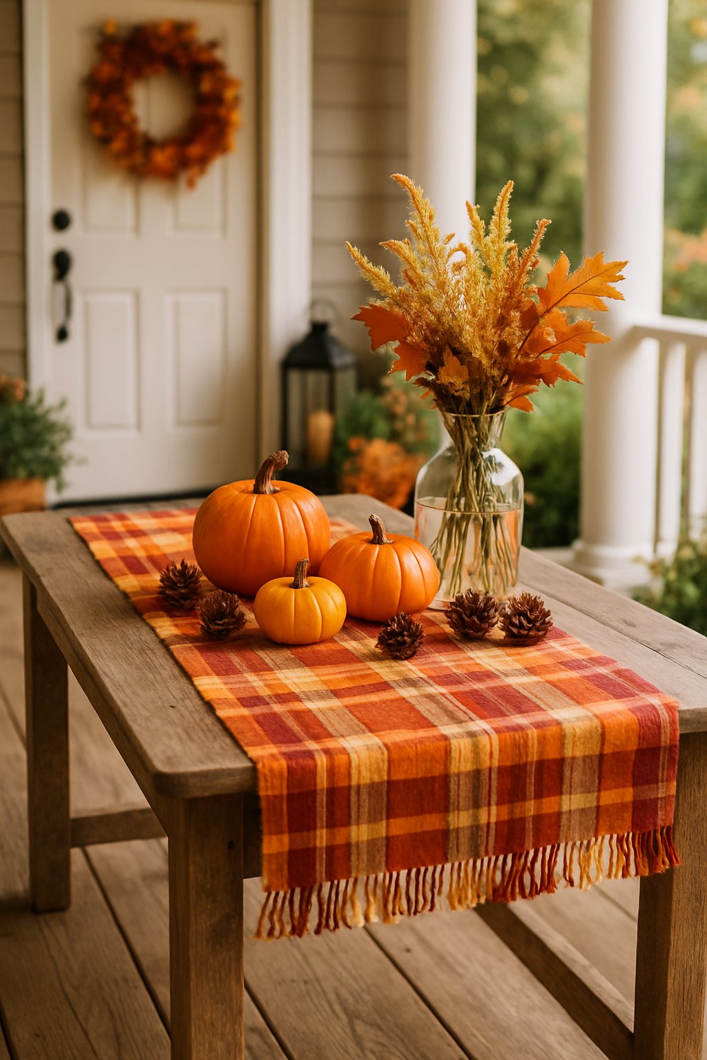 A wooden porch table with a colorful plaid table runner and autumn decorations including pumpkins and dried flowers on a fall front porch.