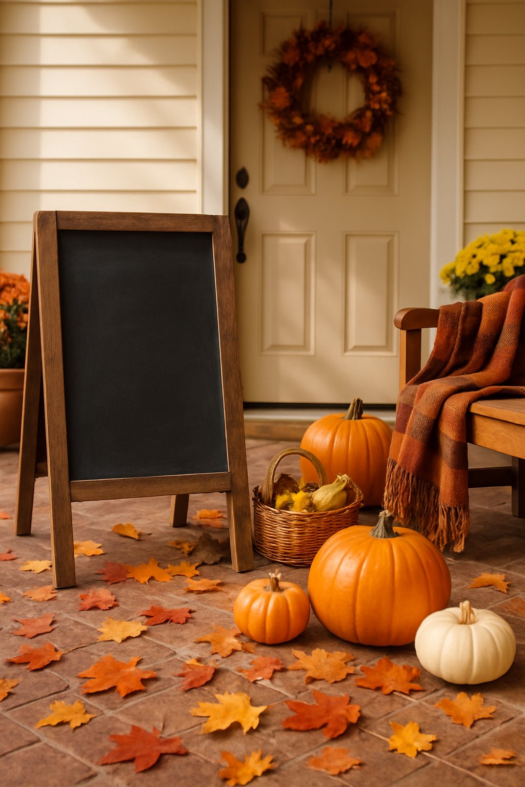 A fall front porch decorated with pumpkins, colorful leaves, a chalkboard sign, and a wreath on the door.