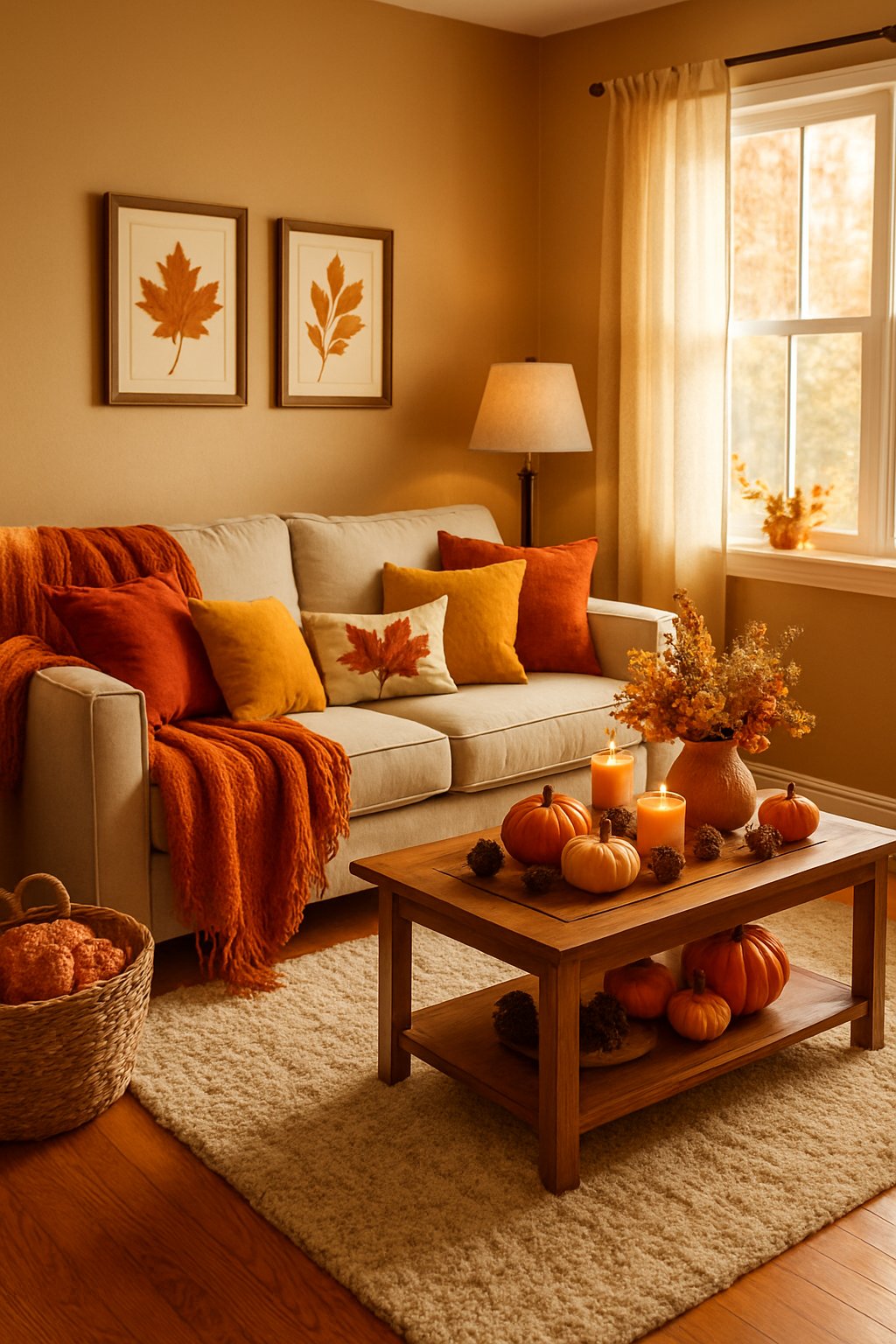 A living room decorated with fall-themed items like pumpkins, cushions, and candles on a coffee table, with warm lighting and cozy furnishings.