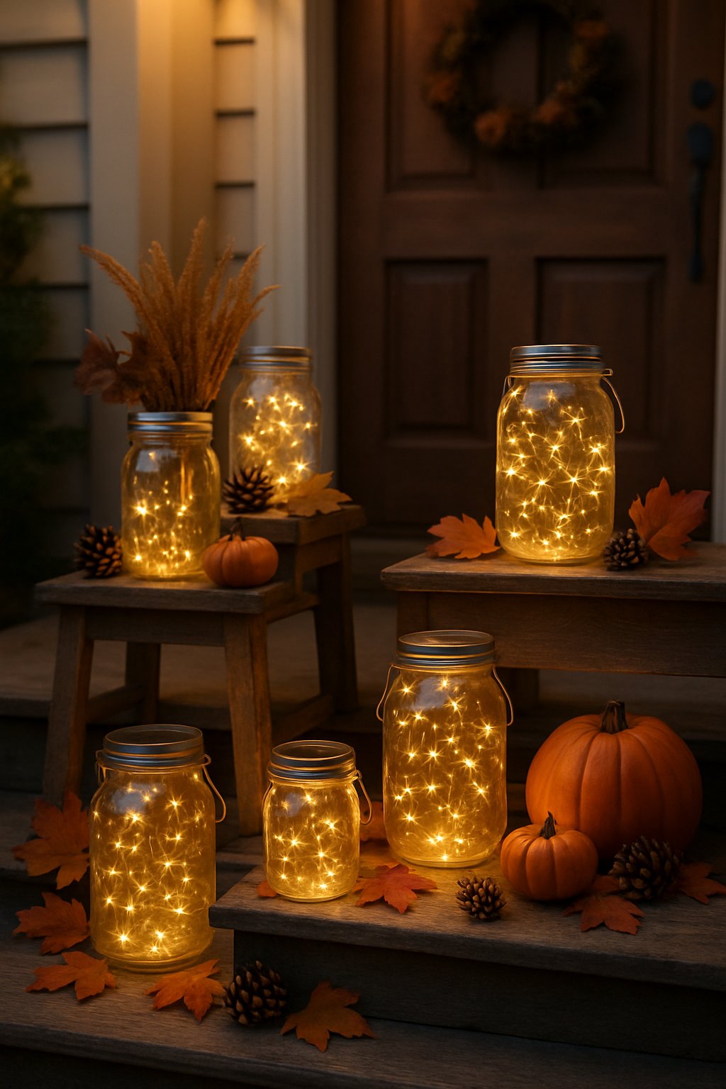 A fall front porch decorated with mason jar lanterns containing twinkle lights, surrounded by pumpkins, leaves, and autumn decorations.