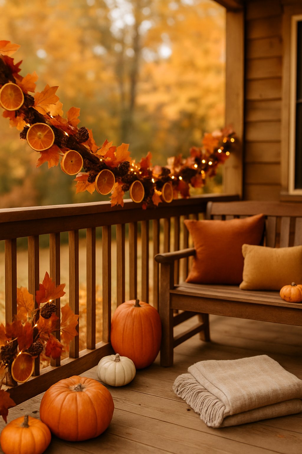 A fall front porch decorated with a garland of dried orange slices, pumpkins, autumn leaves, and warm lights.