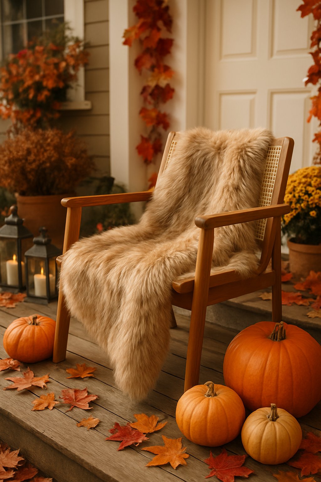 A chair on a front porch with a faux fur throw draped over it surrounded by fall decorations like pumpkins and leaves.