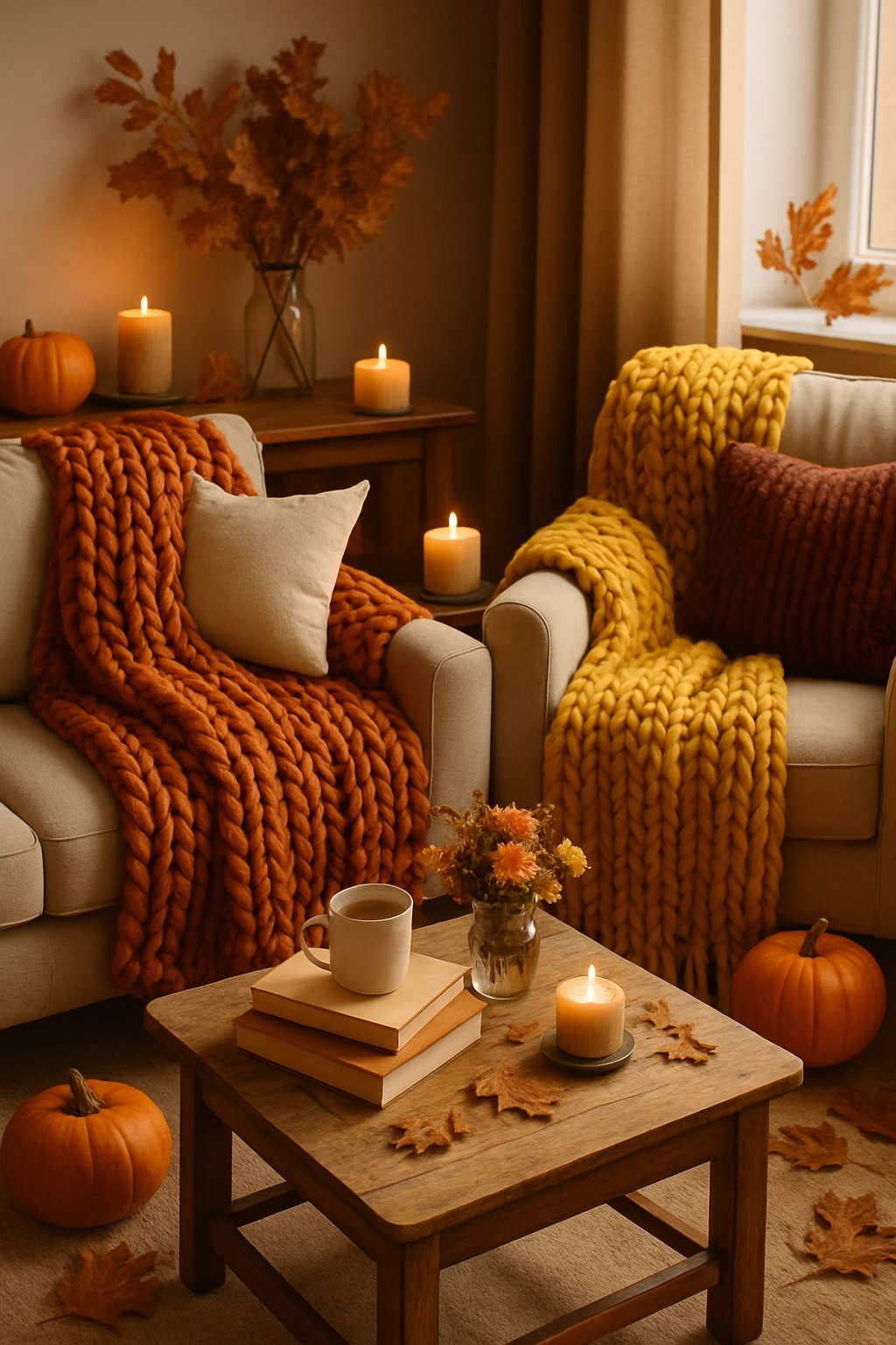 A living room with chunky knit throw blankets on a sofa and armchair, decorated with pumpkins, candles, and fall accents.