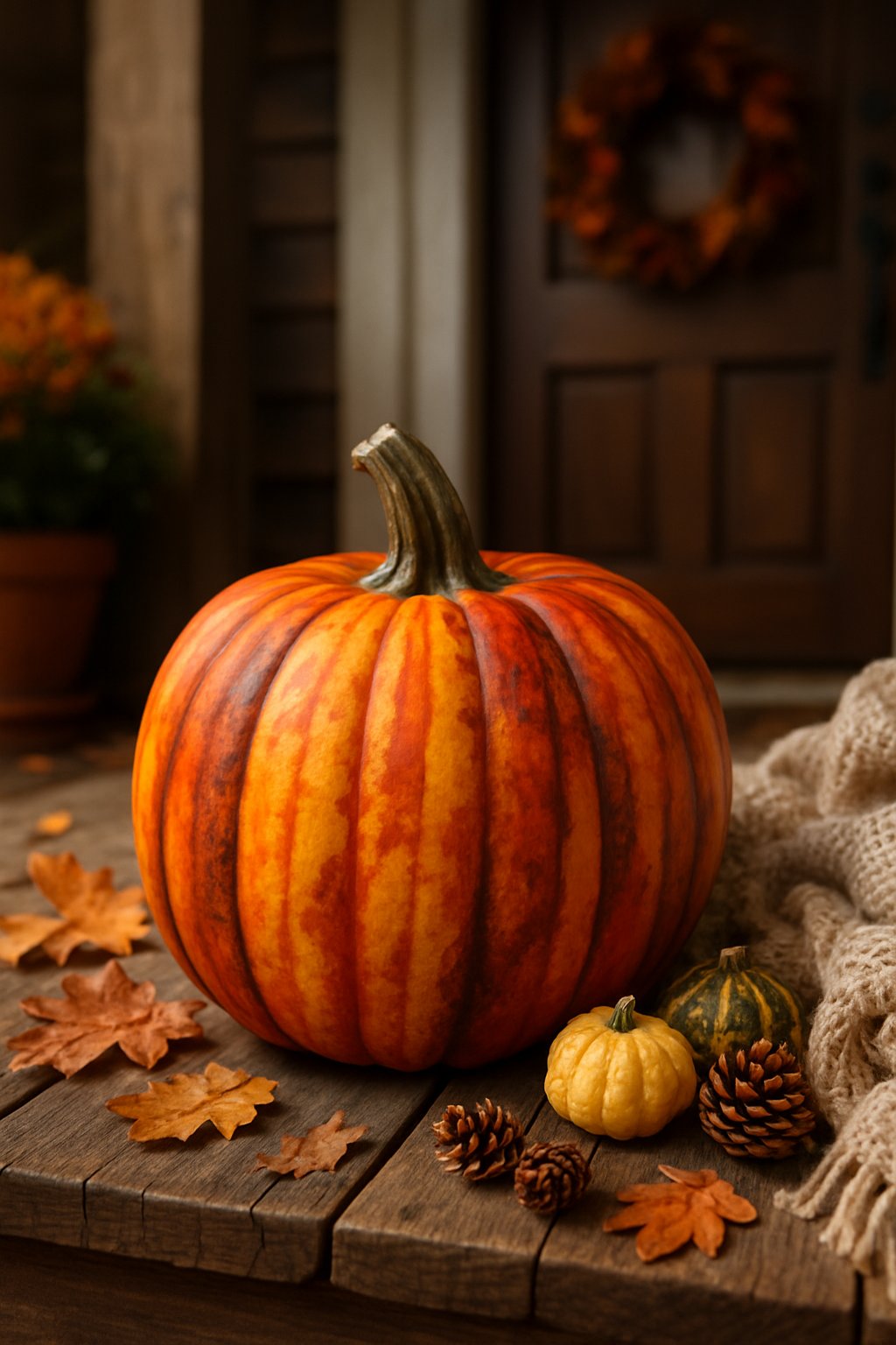 A striped pumpkin painted in fall colors displayed on a wooden front porch with autumn decorations around it.