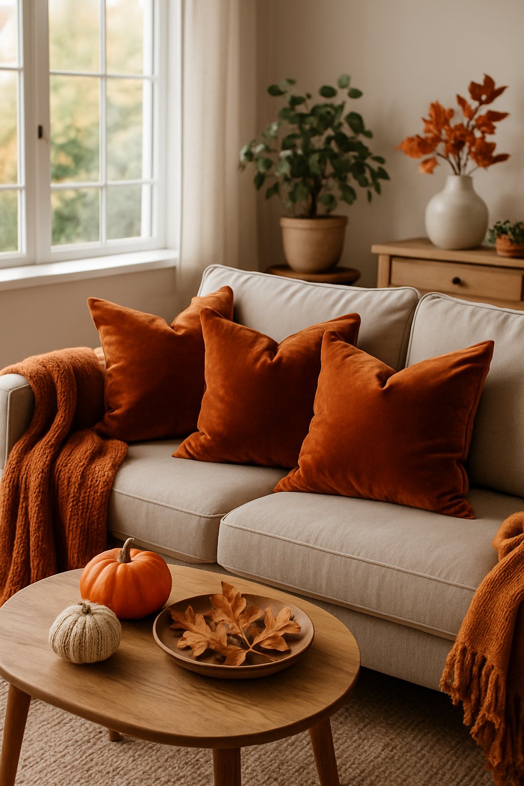Living room with rust-colored velvet pillows on a sofa surrounded by fall decorations and natural light.