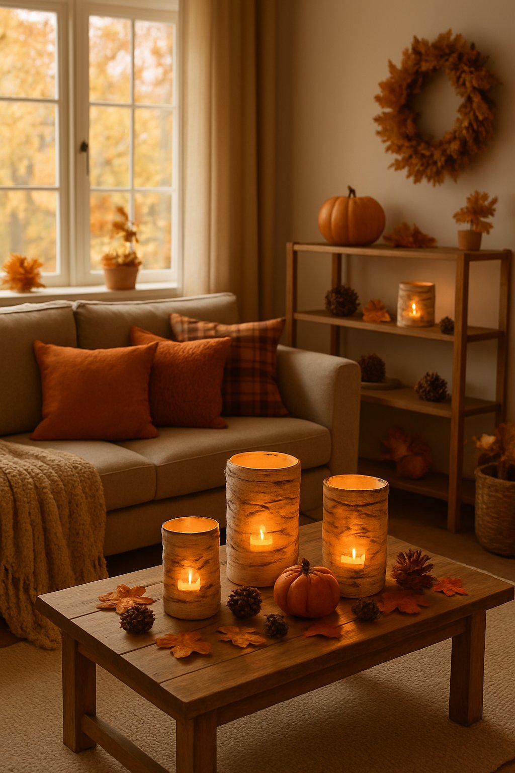A living room decorated for fall with birch bark lanterns glowing on a coffee table surrounded by pumpkins, pinecones, and cozy blankets.