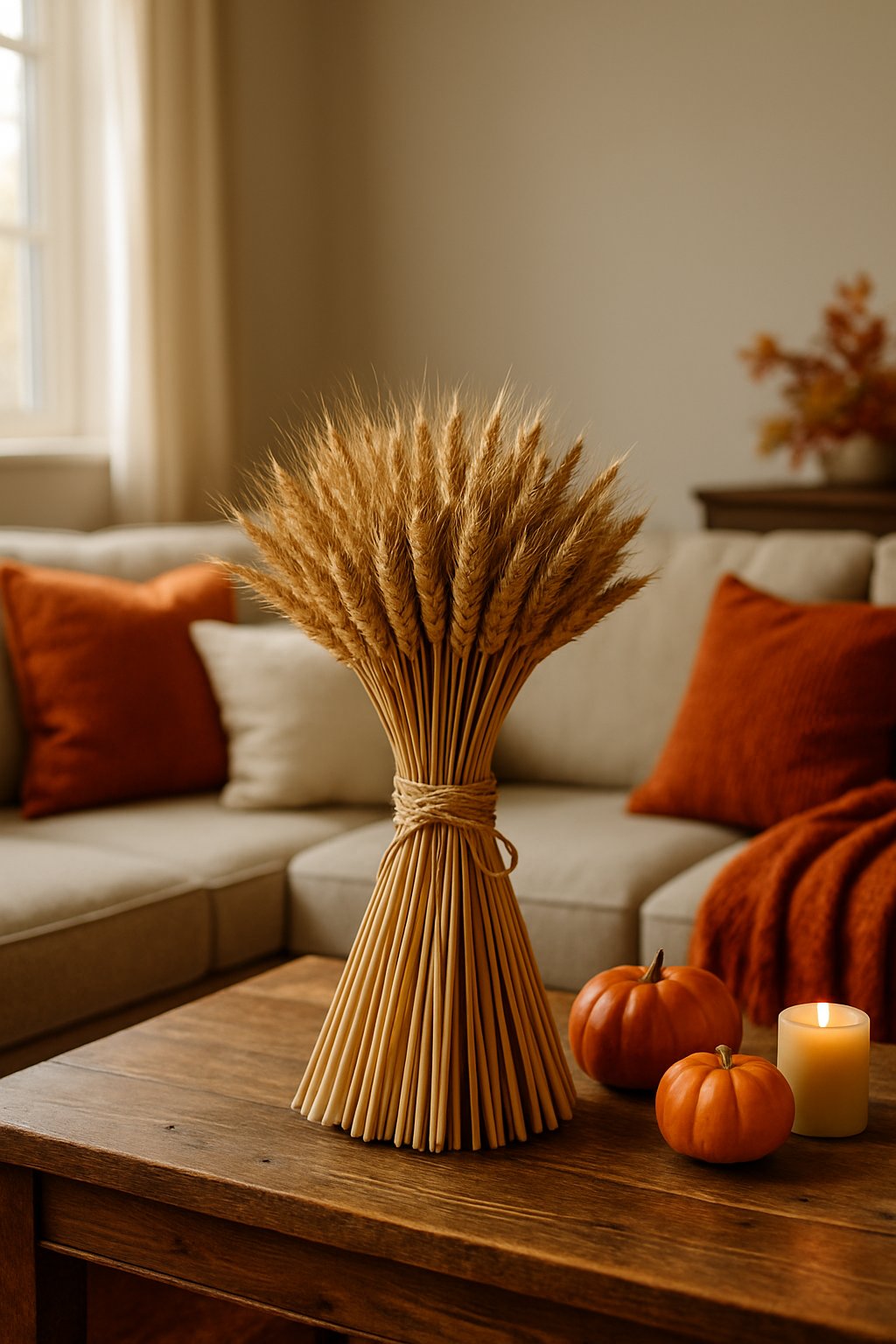 A dried wheat bundle displayed on a wooden surface in a cozy living room decorated for fall with warm colors and soft lighting.