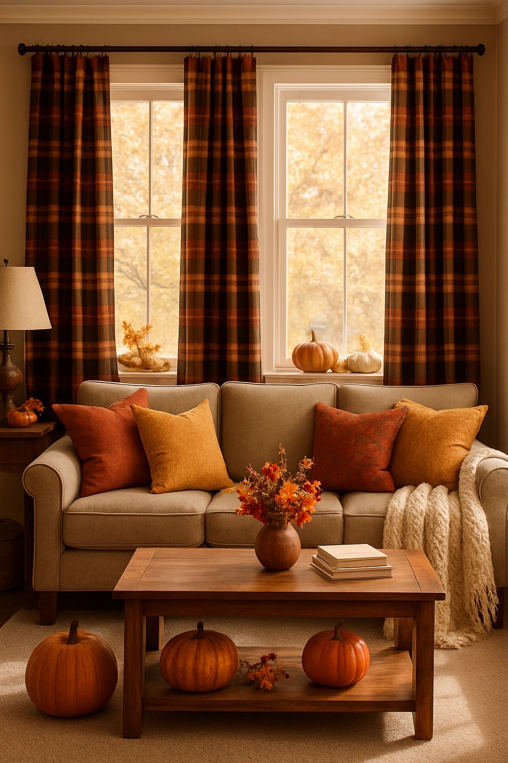 A living room with plaid flannel curtains and fall decorations including pumpkins and autumn flowers.