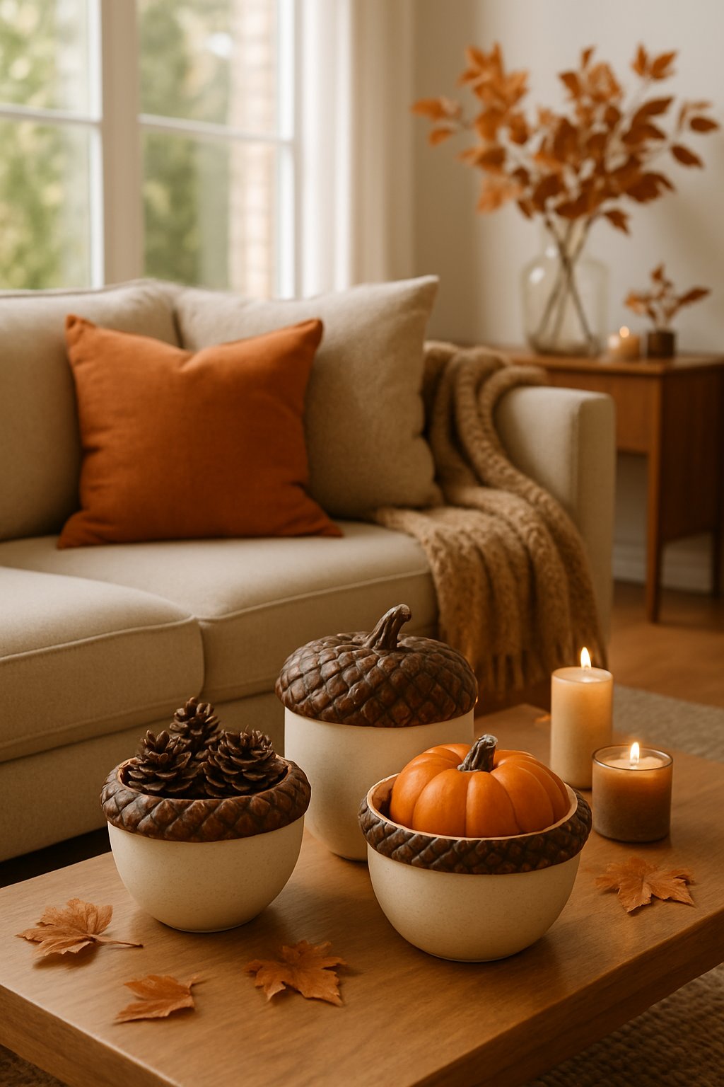 A fall living room with acorn-shaped ceramic bowls on a wooden coffee table surrounded by autumn decor like pillows, blankets, and candles.