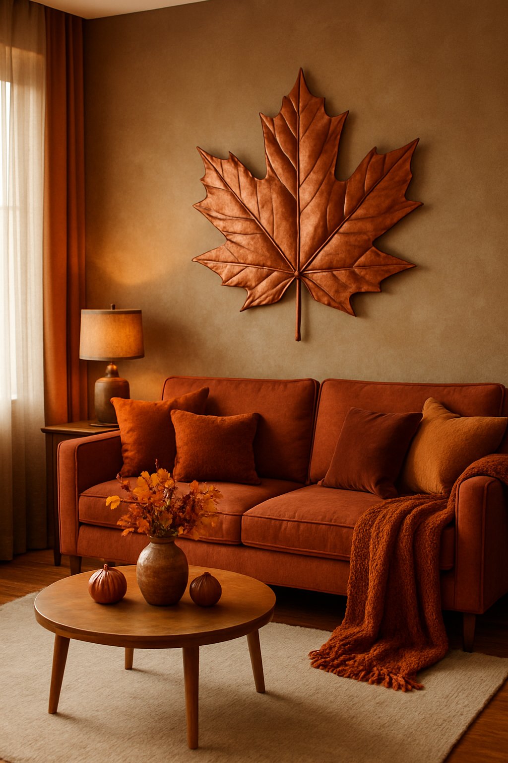 Living room with copper leaf wall art above a sofa and fall-themed decorations.