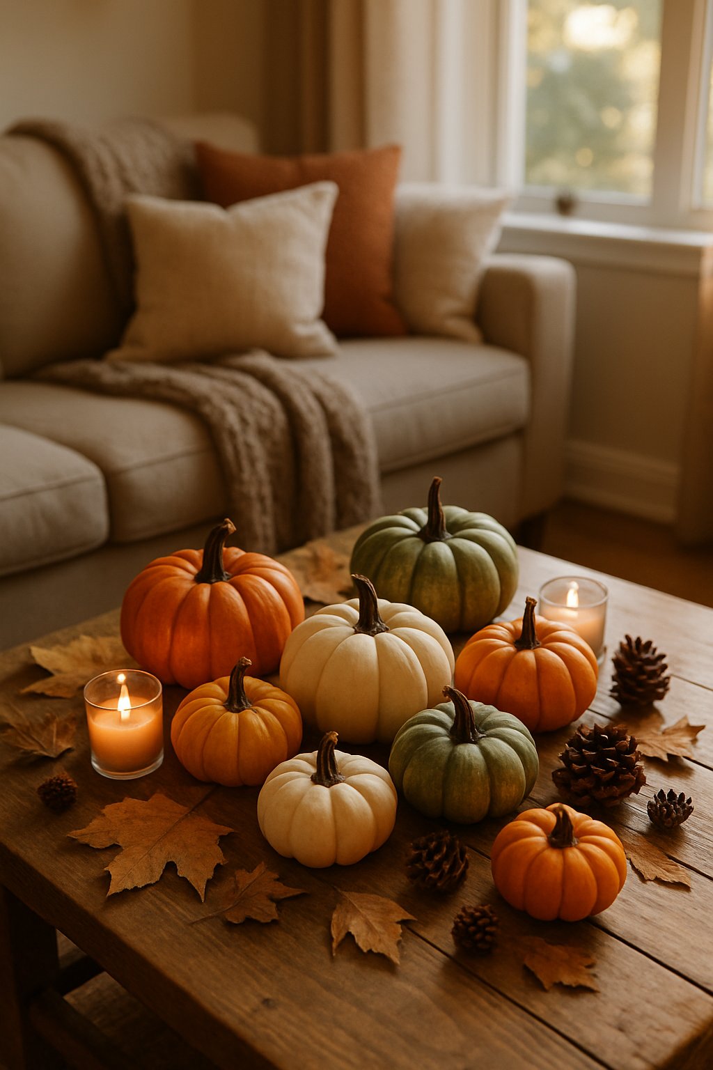 A living room table decorated with small artificial pumpkins, dried leaves, pine cones, and candles, with a sofa and pillows in the background.