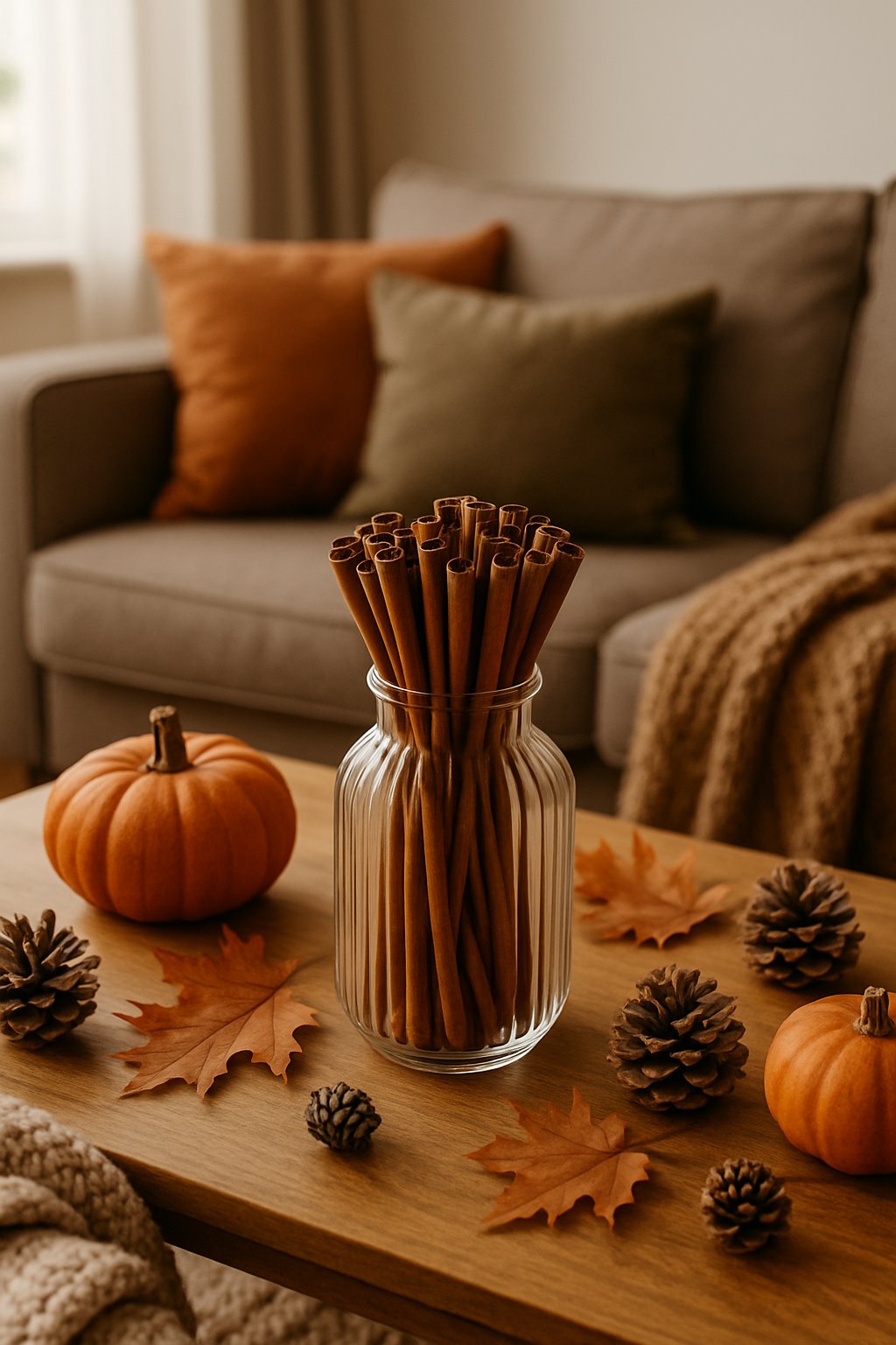 A living room with a vase filled with cinnamon sticks on a wooden table surrounded by autumn decorations.