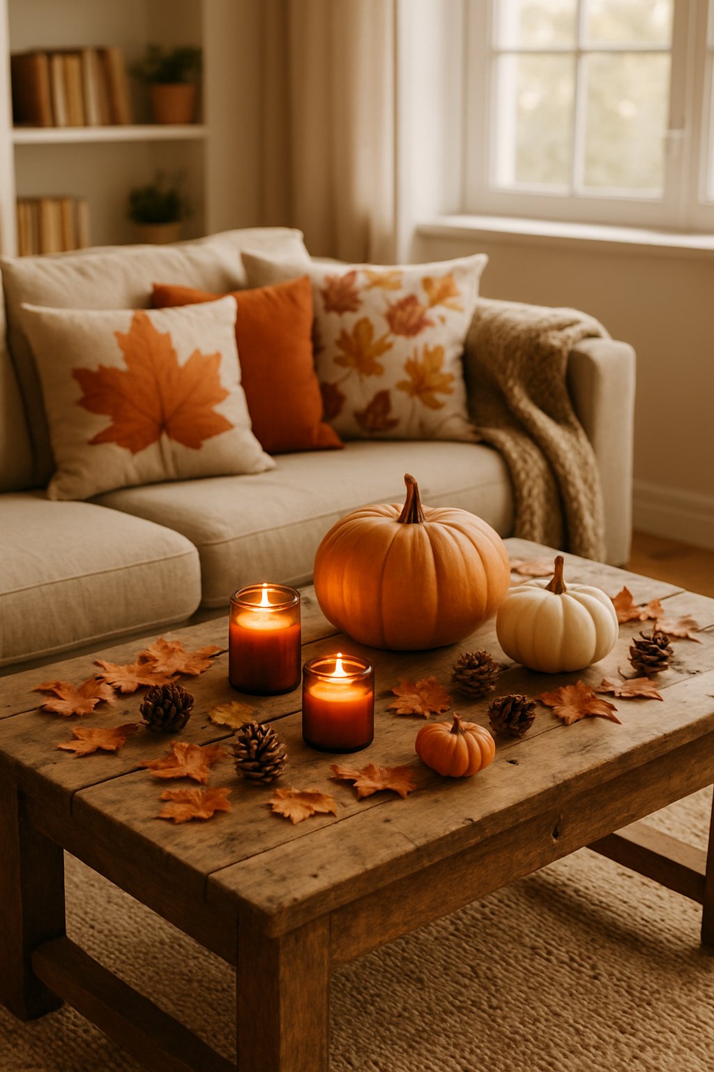 A cozy living room with a rustic wooden coffee table decorated with fall items like pumpkins and candles.