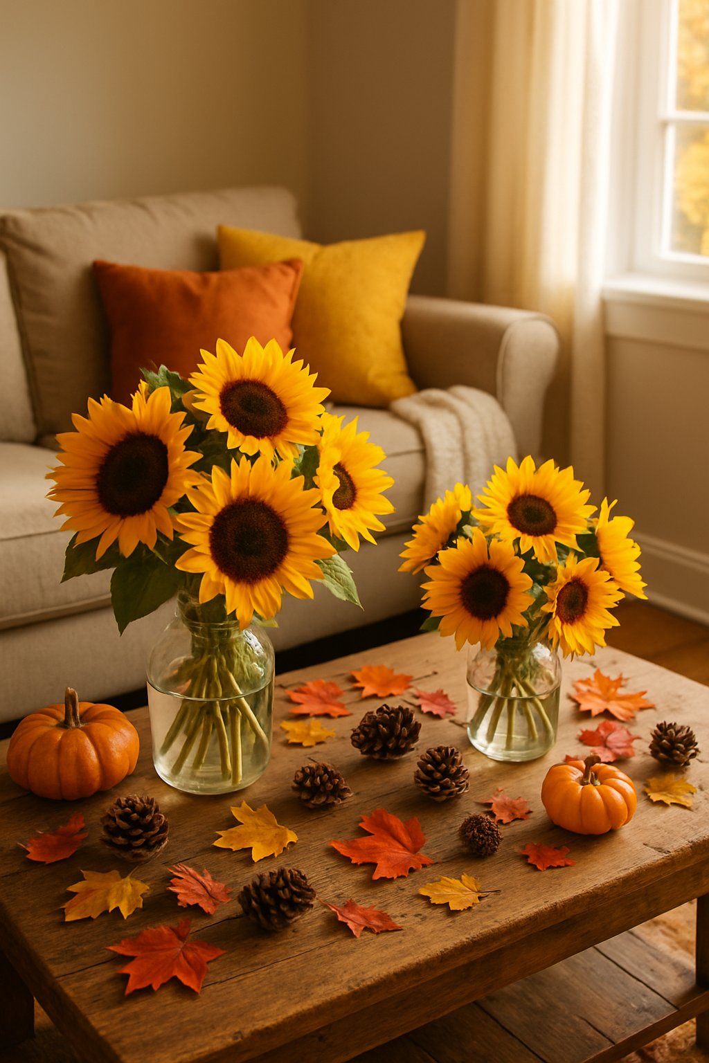 A living room with a wooden coffee table holding sunflower bouquets and fall decorations, with a sofa and warm sunlight in the background.