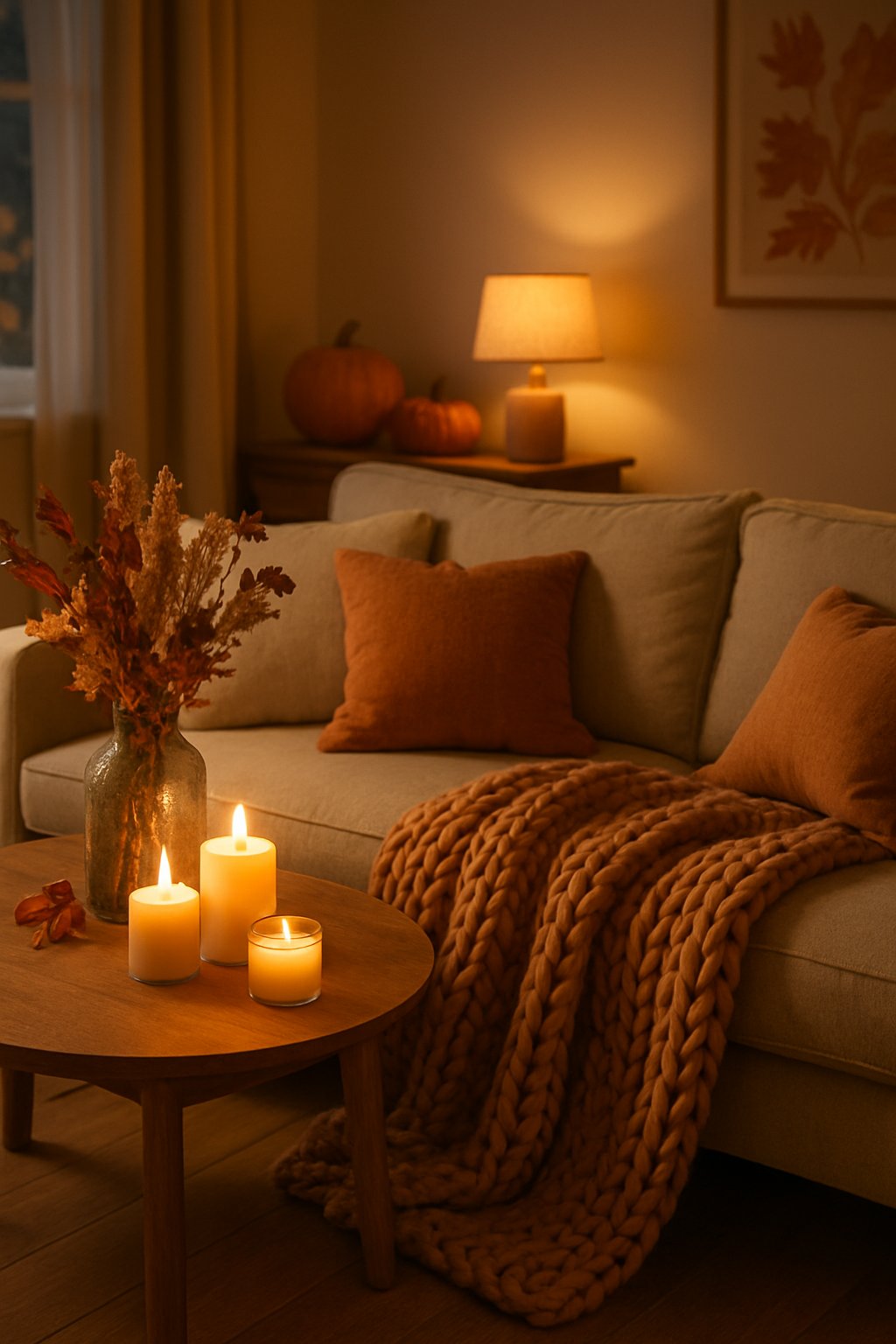 A living room with a sofa covered by a chunky knit throw blanket surrounded by cozy fall decorations.