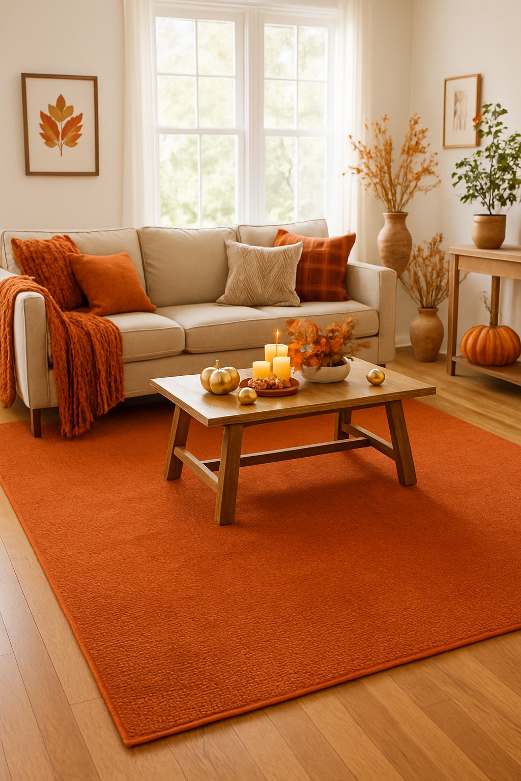 A living room with burnt orange area rugs, a neutral sofa, autumn decorations, and natural light coming through large windows.