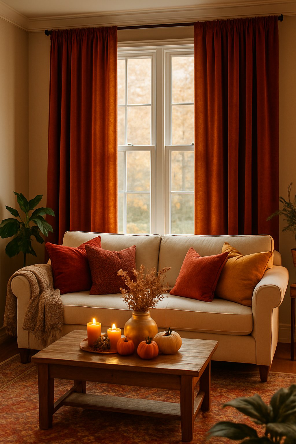 A cozy living room with burnt orange velvet drapes, a cream sofa with autumn-colored pillows, a wooden coffee table with fall decorations, and soft natural light.