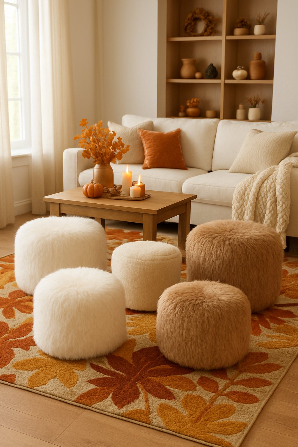 Living room with several faux fur ottomans surrounded by fall decorations including pumpkins and candles.