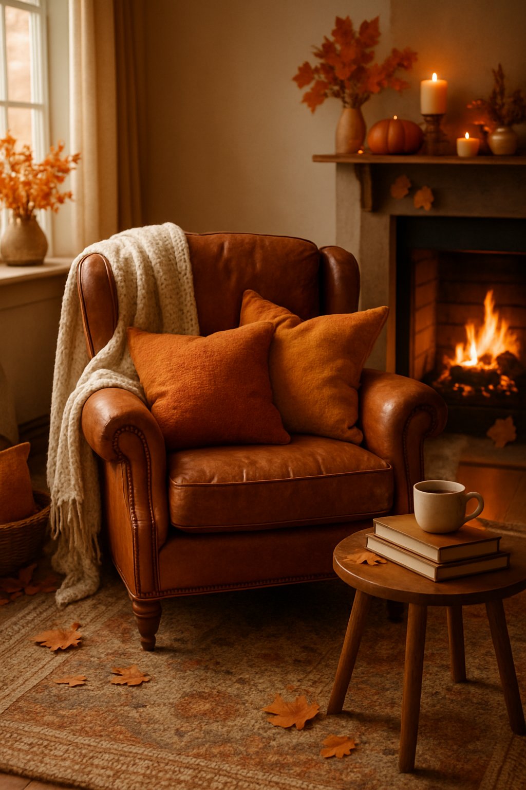 A cozy living room with a vintage leather armchair surrounded by fall decorations and a fireplace in the background.