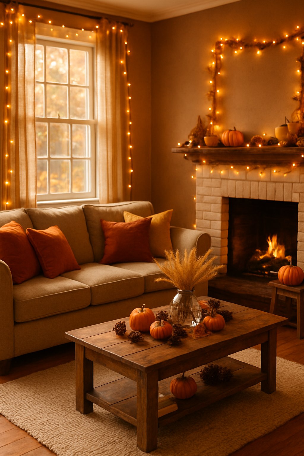 A fall living room decorated with amber string lights, autumn-colored pillows, pumpkins, and warm seasonal decor.