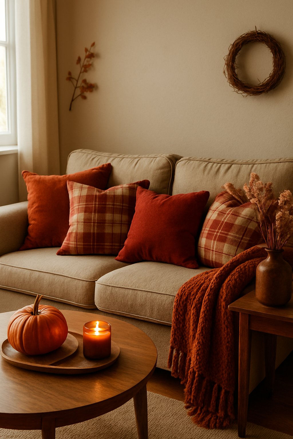 A cozy living room with a sofa covered in deep red and brown plaid cushions and autumn decorations.
