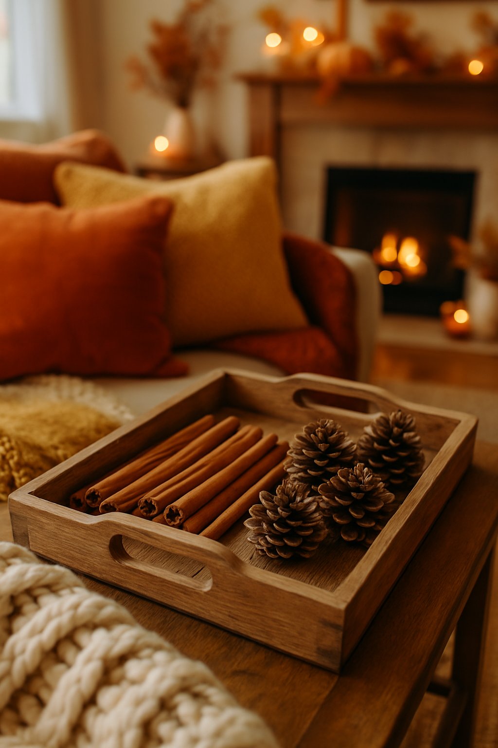 A rustic wooden tray holding cinnamon sticks and pinecones on a table in a cozy living room decorated for fall.