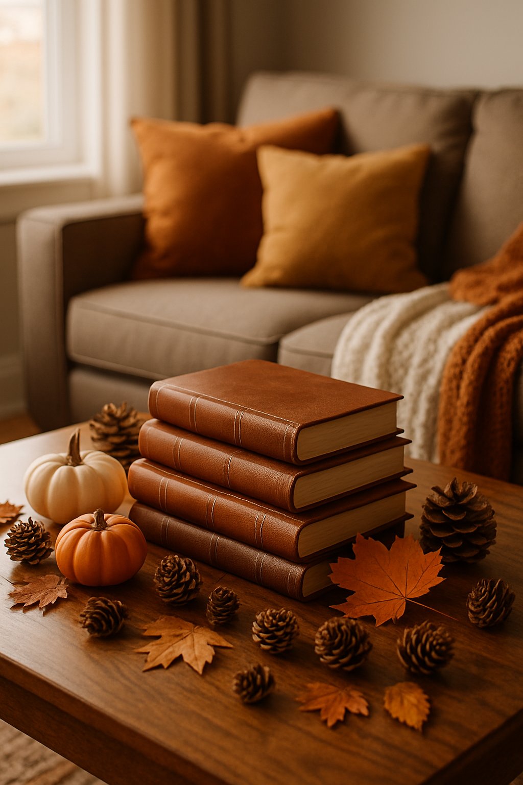 A coffee table with leather-bound books and autumn decorations including pumpkins and leaves in a cozy living room.