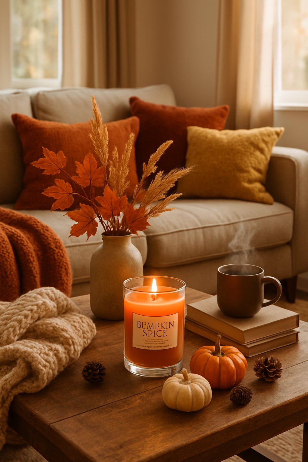 A cozy fall living room with a lit pumpkin spice candle on a wooden table surrounded by autumn decorations, a sofa with throw pillows, and warm natural light coming through a window.