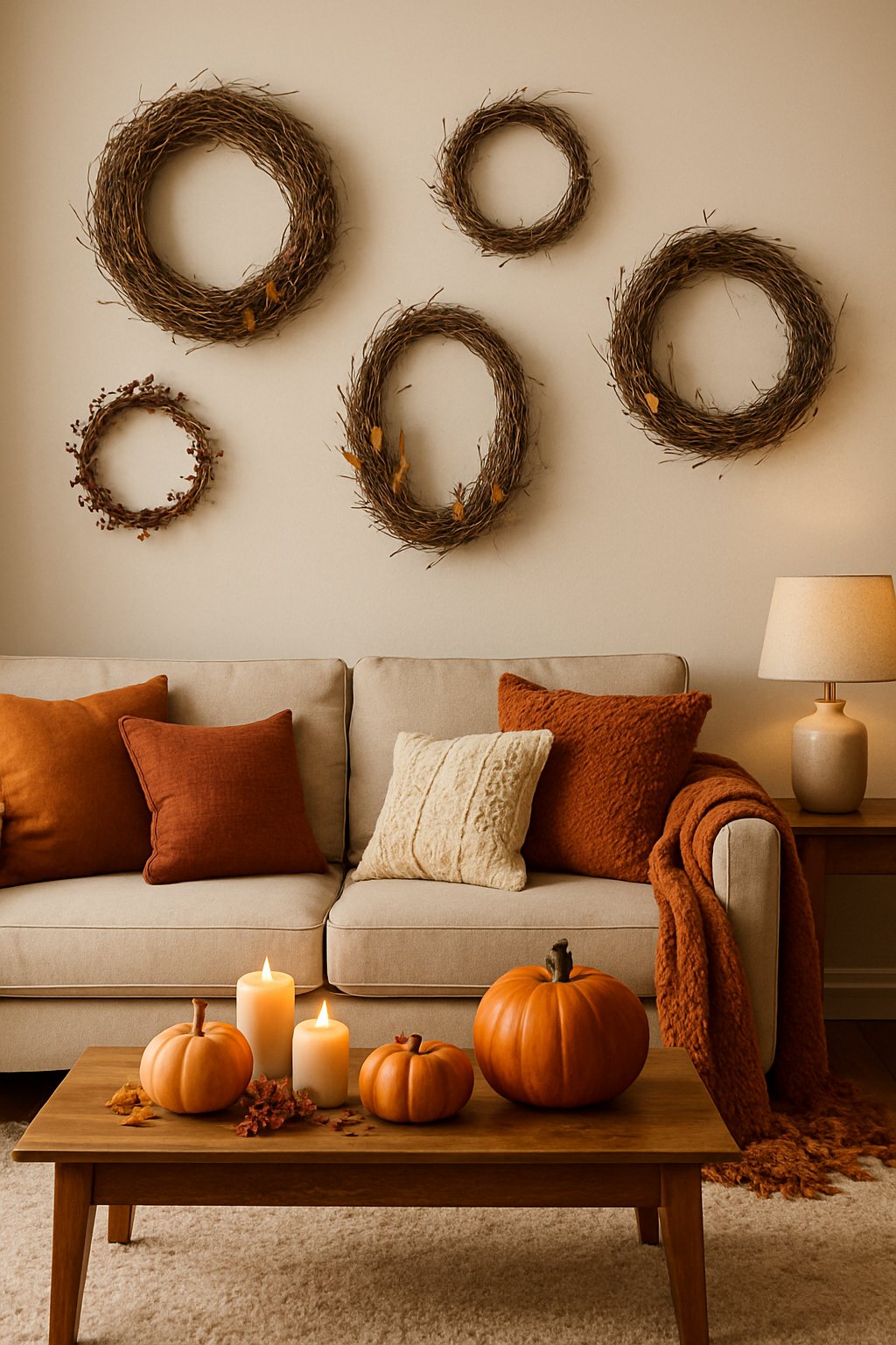 A cozy living room decorated with natural twig wreaths on the wall and autumn-themed accents.