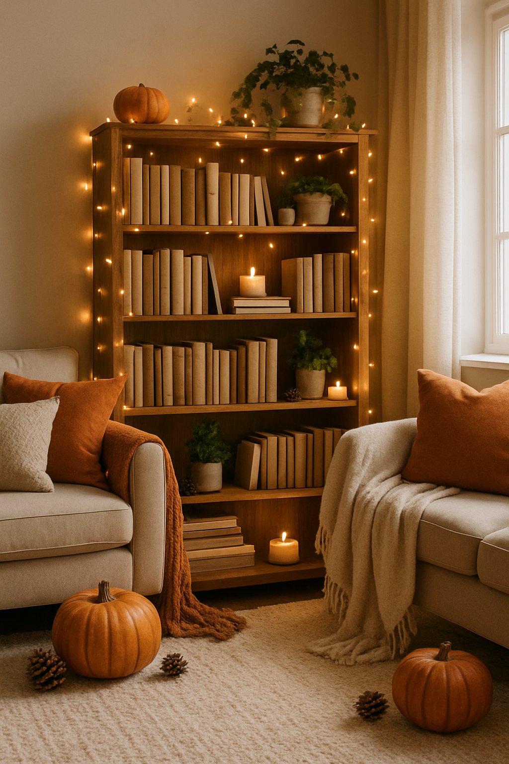 A cozy living room with a wooden bookshelf decorated with twinkling fairy lights and autumn-themed decor.