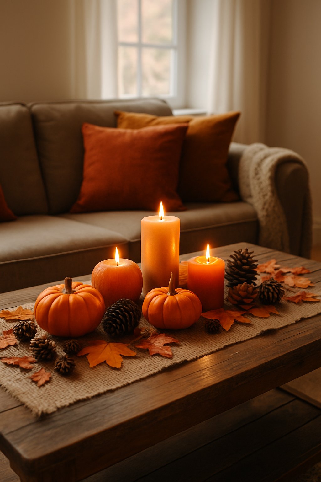 A living room coffee table with a burlap table runner decorated with pumpkins, pine cones, candles, and autumn leaves, with a sofa and pillows in the background.
