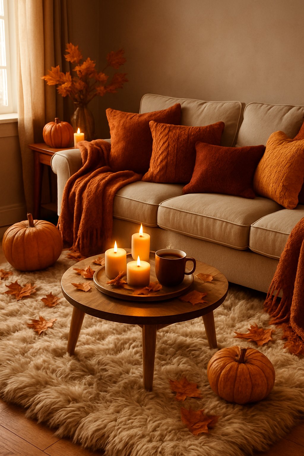 A cozy living room with a plush faux fur rug, warm-toned pillows and blankets, autumn decorations, and soft natural light coming through a window.