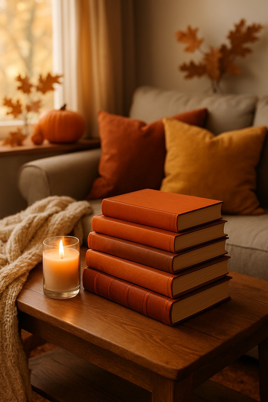A stack of classic autumn novels on a coffee table surrounded by cozy fall decorations in a living room.