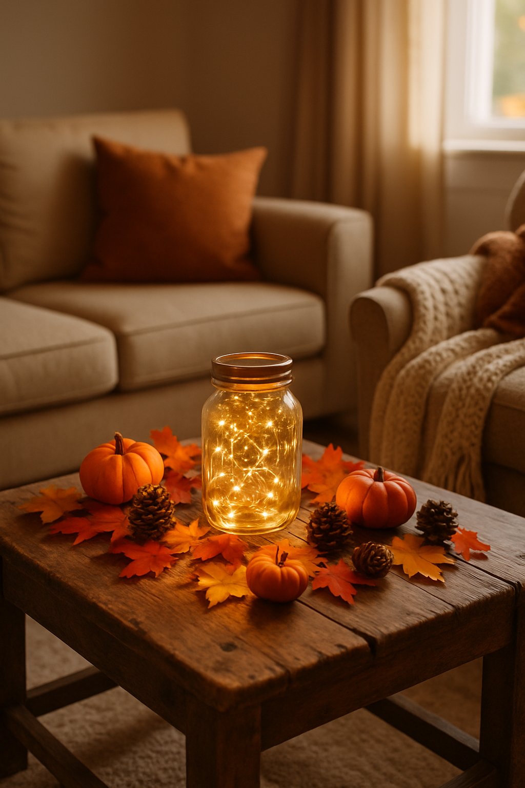 A fall living room with a mason jar filled with glowing fairy lights on a coffee table surrounded by pumpkins, leaves, and cozy decor.