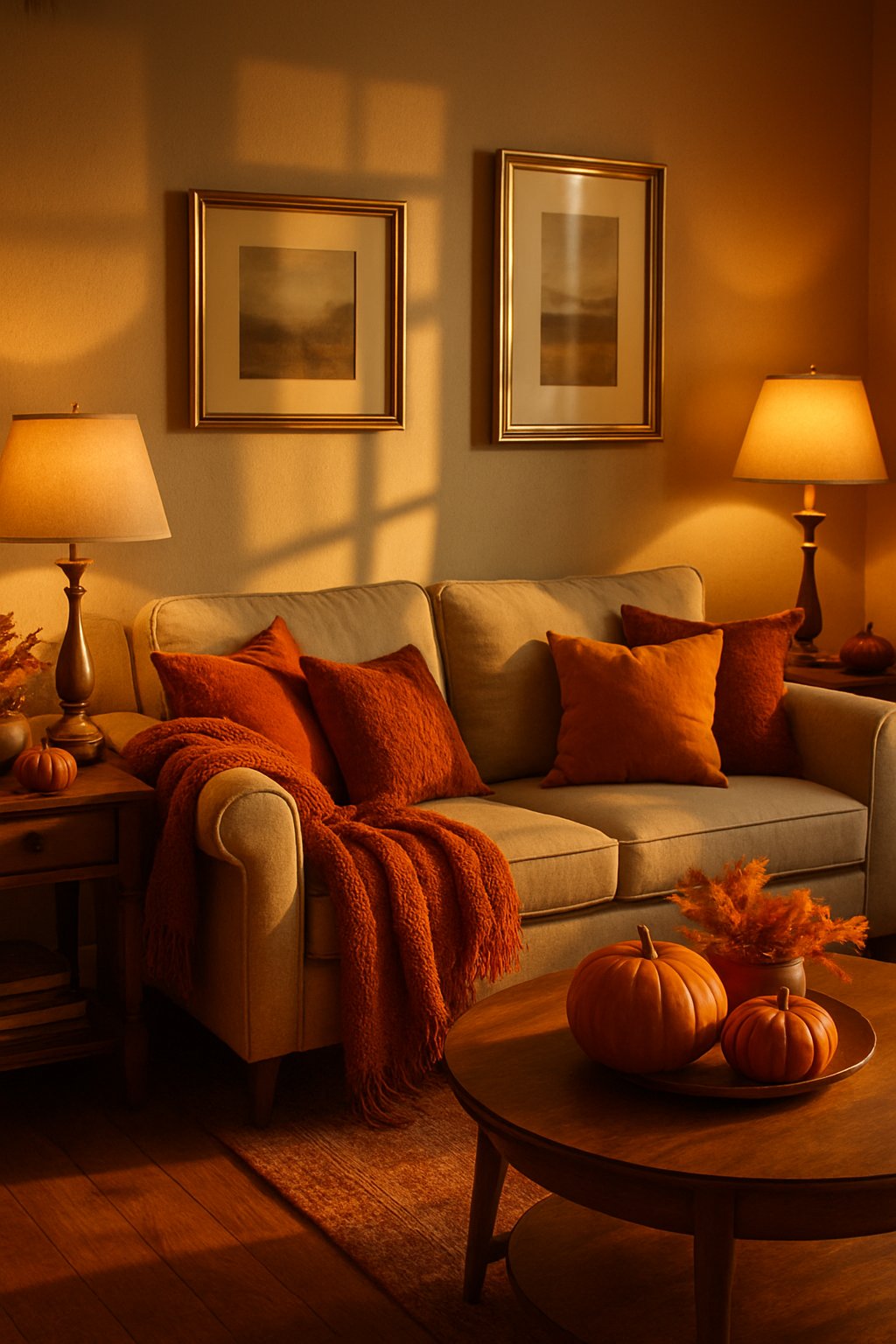 A cozy living room decorated with fall colors, warm lighting, brass lamps, and picture frames.