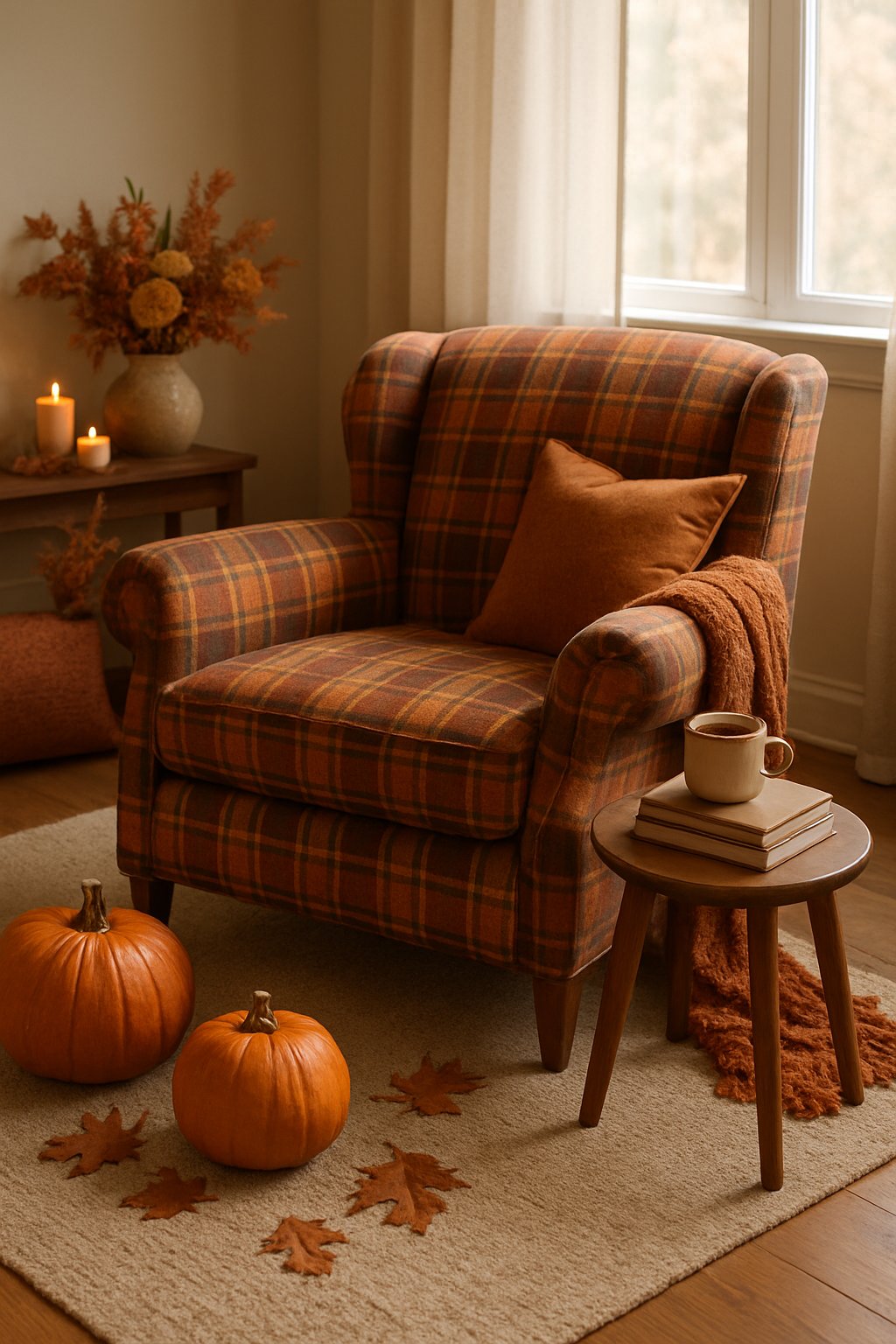 A cozy living room with a plaid wool-covered armchair surrounded by fall decorations like pumpkins, dried leaves, and a knitted blanket.