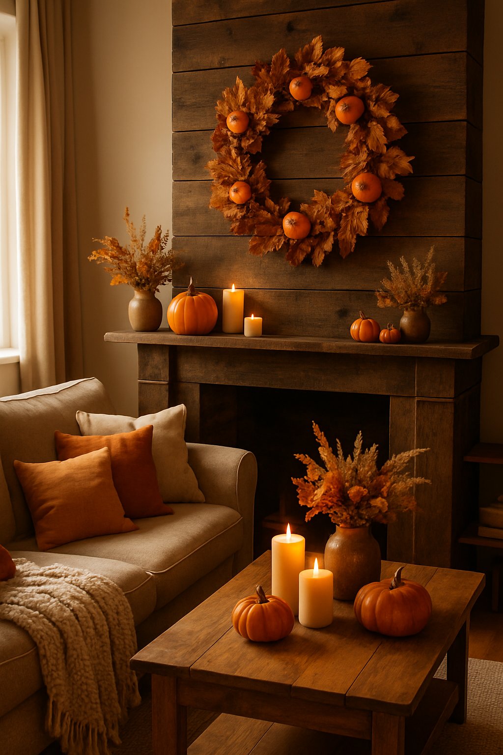 A cozy living room with a wreath made of dried leaves and mini pumpkins hanging on the wall, surrounded by autumn decorations and warm lighting.