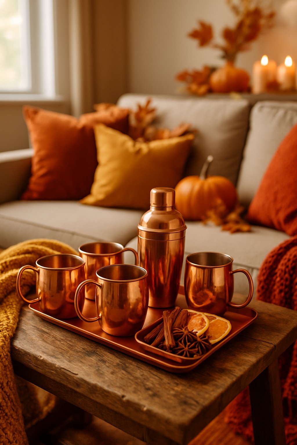 A cozy living room with a wooden table holding a copper mug cocktail set surrounded by autumn decorations like pumpkins and leaves.