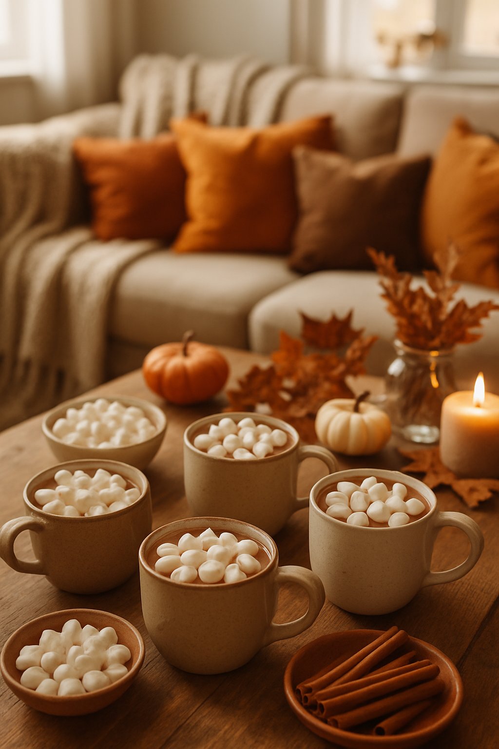 A cozy fall living room with a hot cocoa station featuring mugs filled with hot chocolate topped with marshmallows, surrounded by autumn decorations.