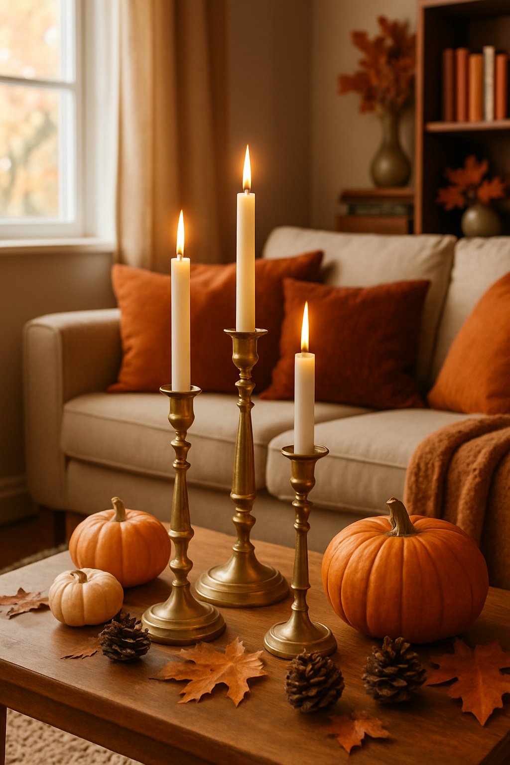 A living room with vintage brass candlesticks on a wooden table surrounded by autumn decorations and warm-colored pillows.