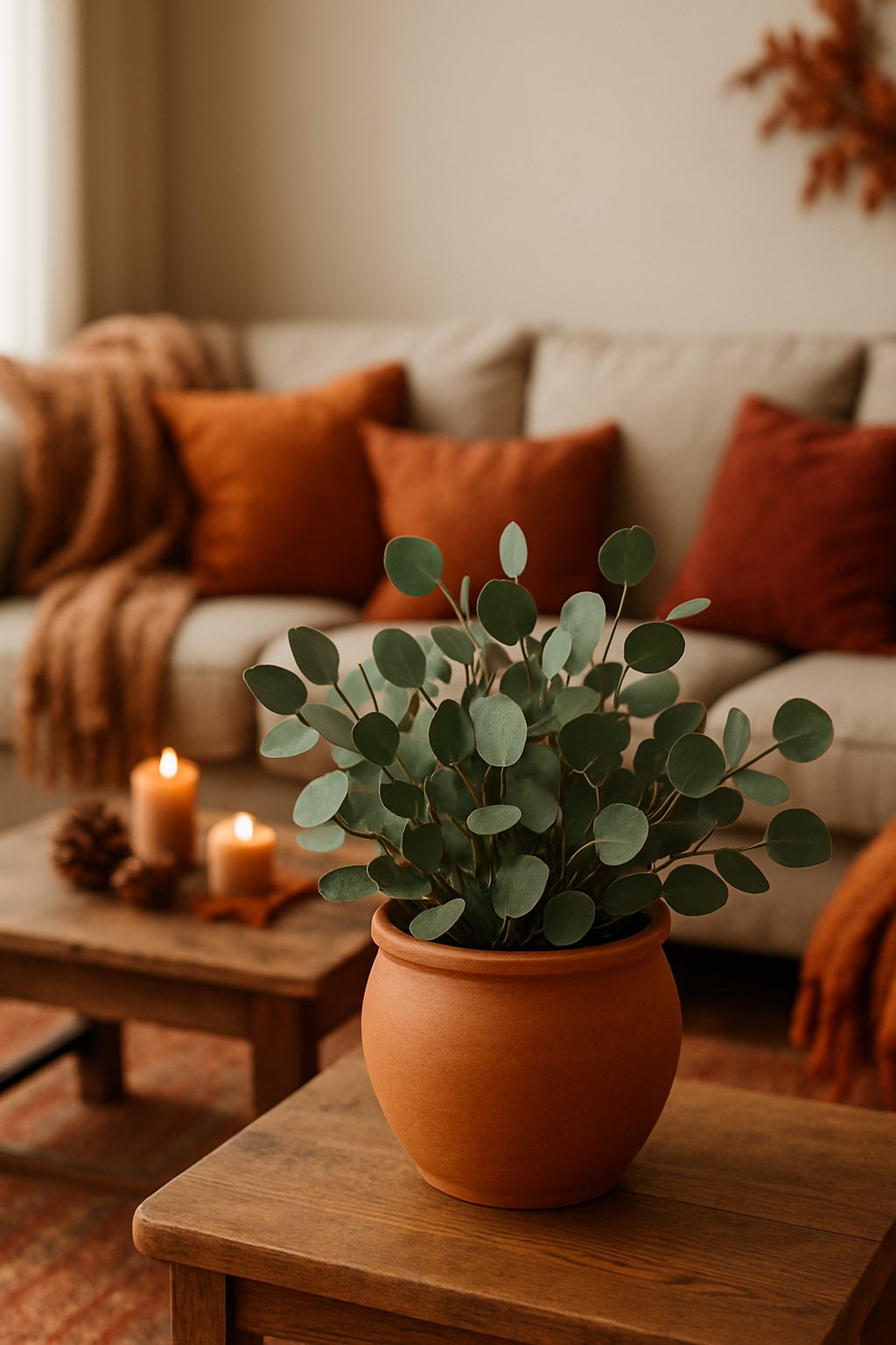A cozy living room with a terracotta planter holding eucalyptus branches on a wooden table surrounded by warm fall decorations.