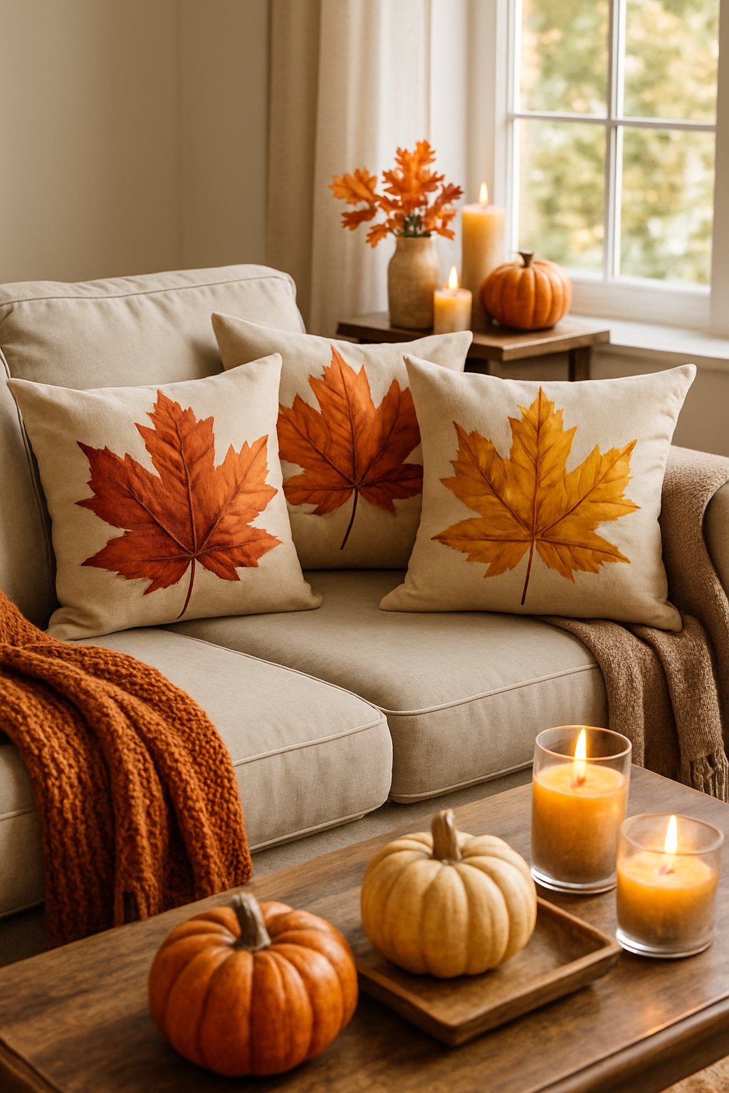 A living room with a sofa decorated with maple leaf patterned throw pillows and fall-themed decorations including pumpkins and candles.