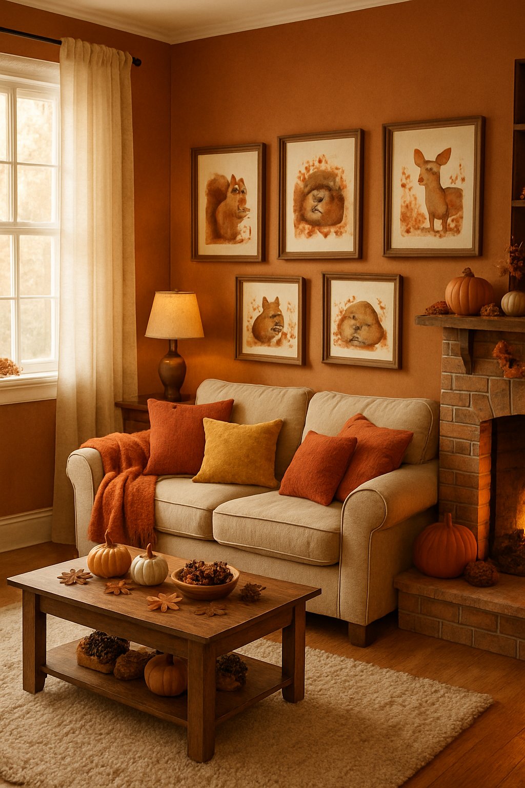 A cozy living room decorated for fall with squirrel-themed prints, autumn-colored pillows, pumpkins, and a fireplace.