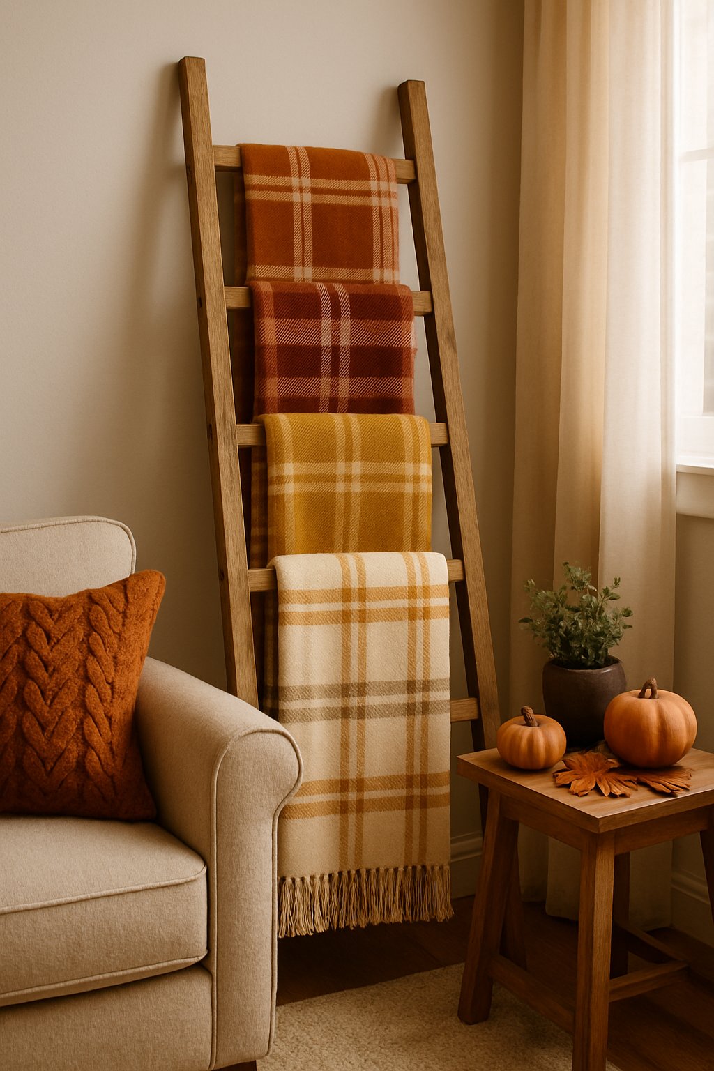 A cozy living room corner with a wooden ladder holding several colorful plaid blankets and autumn decorations nearby.