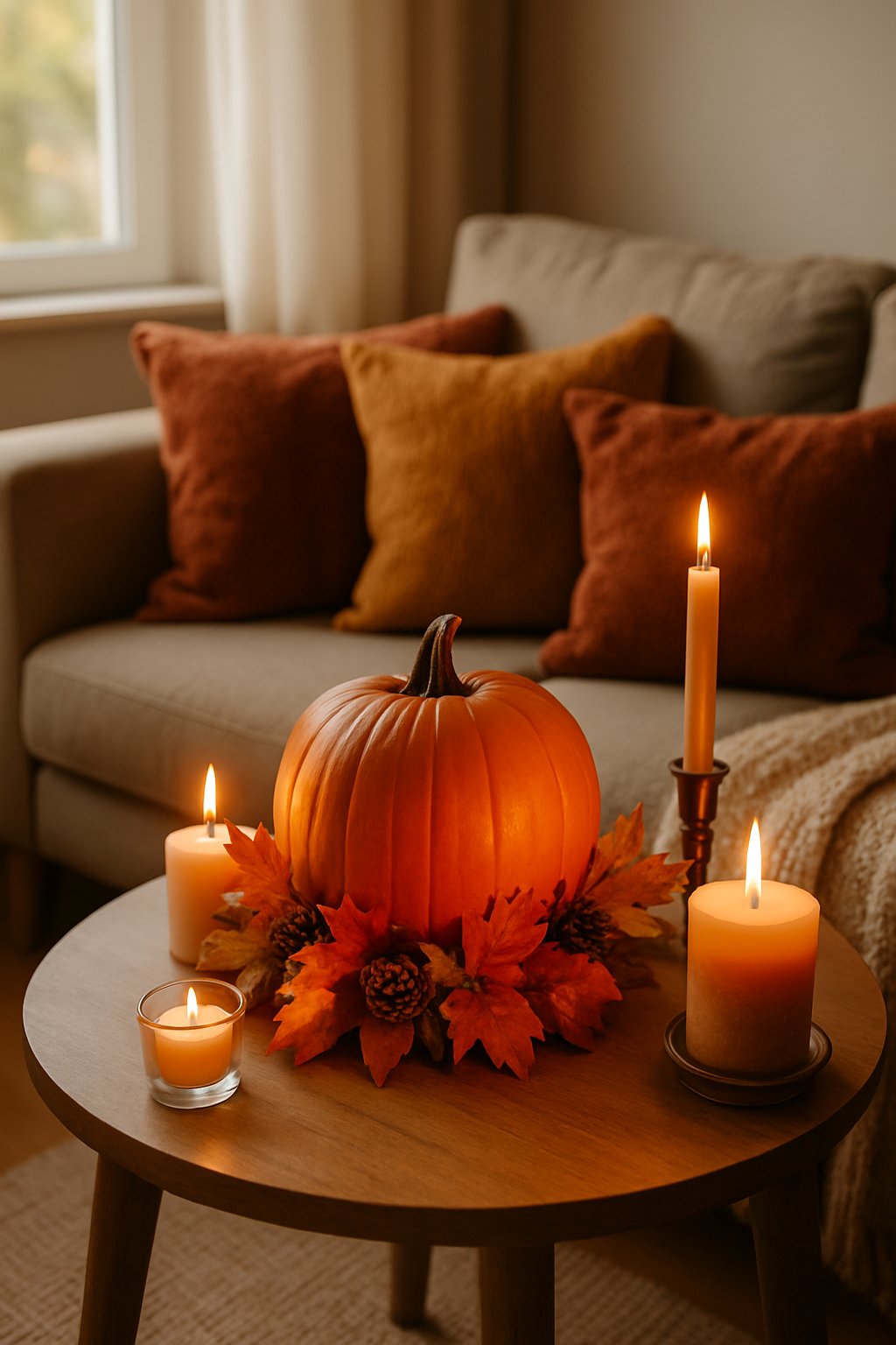 A cozy living room corner with a wooden side table holding a pumpkin centerpiece and lit candles, next to a sofa with warm-colored pillows.