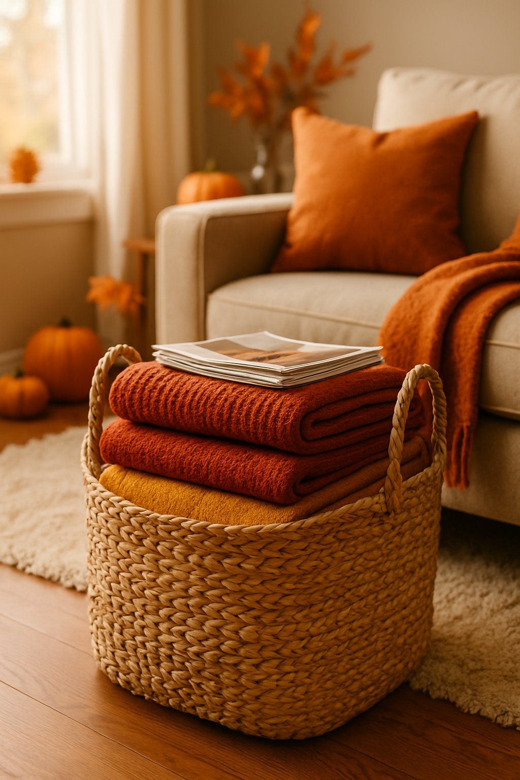 A woven basket filled with blankets and magazines next to a sofa in a cozy living room.
