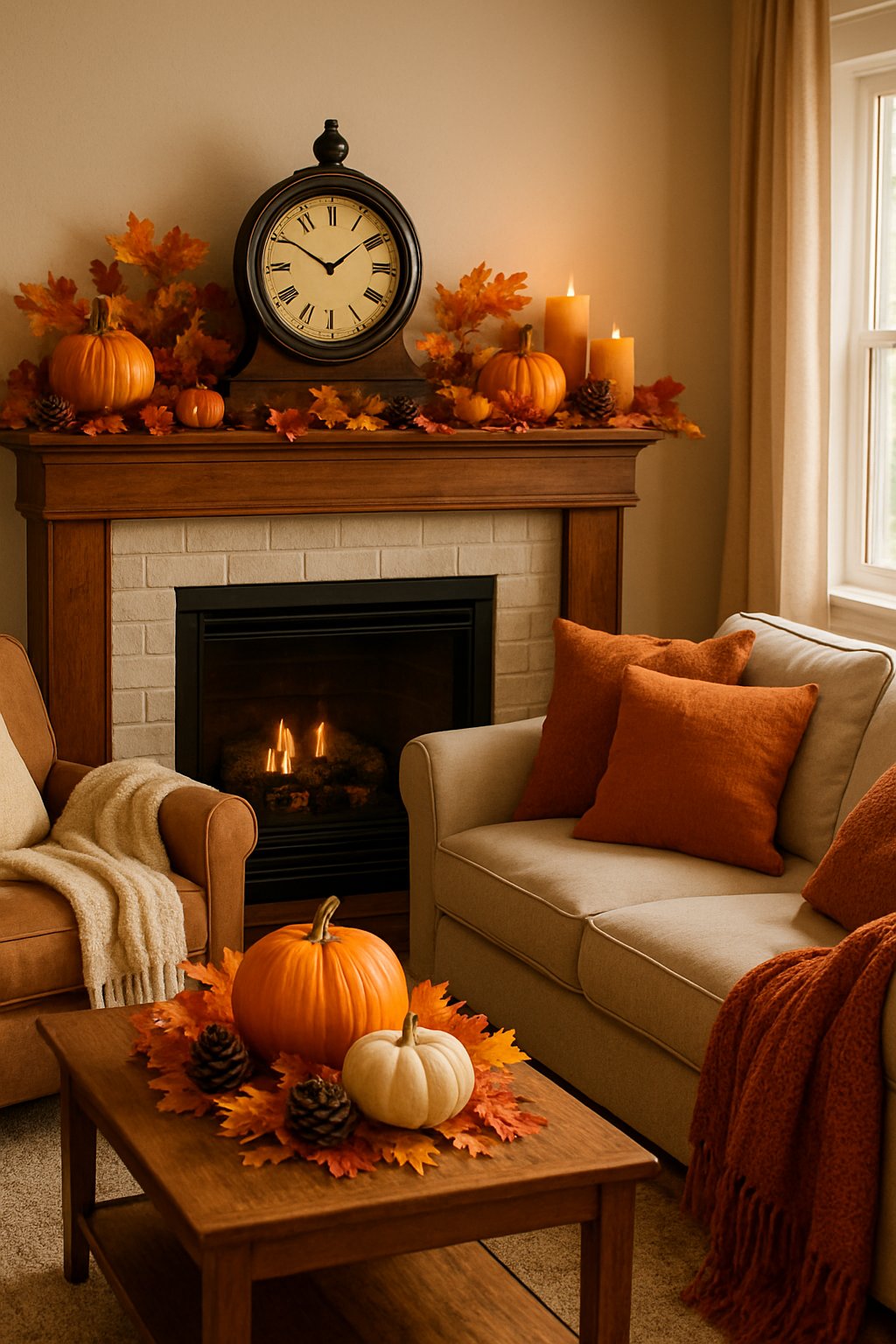 A living room with a vintage clock on the mantel surrounded by autumn decorations and cozy furniture.